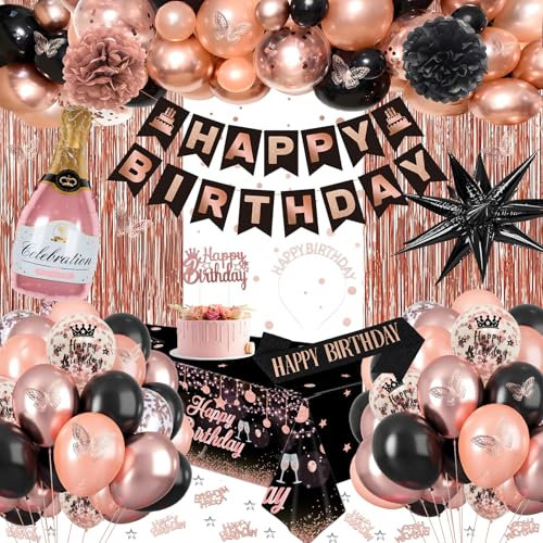 Rose Gold Black Birthday Decorations with Happy Birthday Banner, Latex Confetti Balloons, 3D Butterfly, Fringe Curtain, Tablecloth, Sash Tiara Crown, Pom Poms for Women Girls Princess Party Supplies