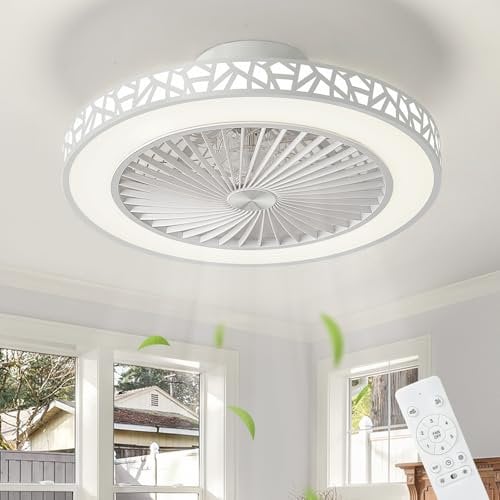 IZOWE Cceiling Fans with Lights and Remote, 48CM Mordern Low Profile Reversible Bladeless Ceiling Fans with Lamps, 6 Speeds Dimmable Flush Mount Ceiling Fan Lights for Bedroom Kitchen