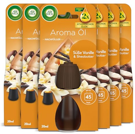 Air Wick Aroma-Öl Flakon Nachfüller – Duft: Süße Vanille und Sheabutter – Süßlicher Wohnungsduft mit ätherischen Ölen – 6 x 20ml Duftöl Set