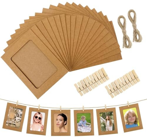 YANGWEN 20 Piezas Marcos de Fotos de Papel Kraft 10x15 cm, Guirnalda Colgante con Clips de Madera y Cuerda de Cáñamo - Decoración DIY para Bodas, Cumpleaños, Aniversarios