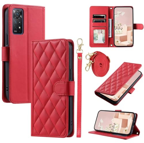 Coque avec Cordon pour Xiaomi Redmi Note 11 Pro 4G/Note 11 Pro 5G, [Housse en Cuir PU Premium] [Etui à Rabat] [Pochette de Portefeuille], Étui de Protection pour Redmi Note 11 Pro 4G/5G(Rouge)