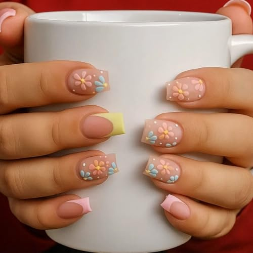24PCS Floral French Tip Press On Nails Square Shape — Pink And Yellow False Nails With 3D Daisy Design, 12 Sizes With Jelly Adhesive Tabs —Fake Nails For Women, Easy To Apply (Flower French Square)