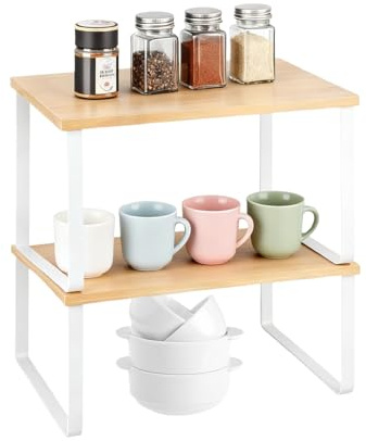 Set of 2 Wood & Metal Spice Rack, Stackable Kitchen Cupboard Organiser | Expandable Spice Holder, Cupboard Storage Rack for Countertop, Pantry, Space-Saving (Brown)