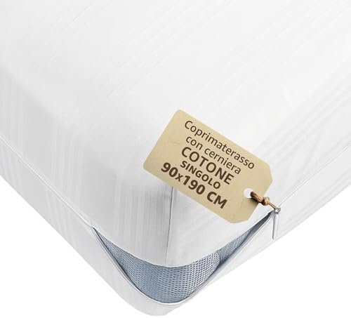 SONIT - Coprimaterasso Singolo in Cotone con Cerniera 90x190x25 cm - Antiacaro, Anallergico e Traspirante