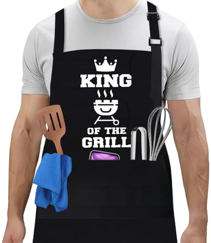 flintronic Delantales de Barbacoa para Hombre, Delantales de Cocina con Correa para el Cuello Ajustable, Impermeable Chef Delantal con 3 Bolsillos, Delantal de Trabajo Práctico para Cocina, Jardinero
