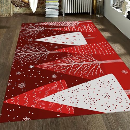 WEECHAINGE Tappeti da camera da letto Buon Natale 200x300cm Tappetini per alberi Natale rossi e bianchi Decorazioni invernali Fiocchi neve Tappeto antiscivolo sottile per corridoio del soggiorno