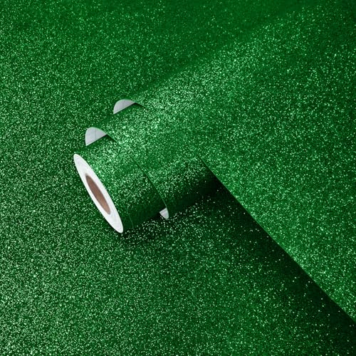 Yullpaper Green Glitter Wallpaper for Walls Vinyl Wrap for Furniture Girls/Boys Bedroom Wallpaper Self Adhesive Green Gift Wrapping Paper Worktop Vinyl Covering Glitter Backing Paper 40 x 200cm