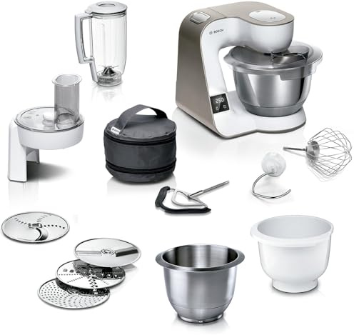 Bosch Küchenmaschinenset Serie 4 MUM5XW2003, 1000 W, mit integrierter Waage, 3,9 l Edelstahlschüssel, 3D PlanetaryMixing, multifunktionale Küchenmaschine für Teige und Backen, Weiß/Champagne