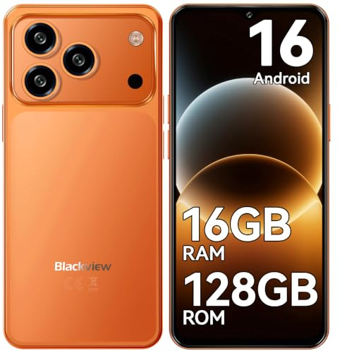 Blackview Wave 7C Smartphone Pas Cher Android 16 (2026), 16Go+128Go, Orange | Écran 6.56 Telephone Portable Pas Cher, Batterie 5000mAh, Caméra 32MP+13MP, 4G Dual SIM, 3 Slot, Face ID, IP54, 3.5mm Jack