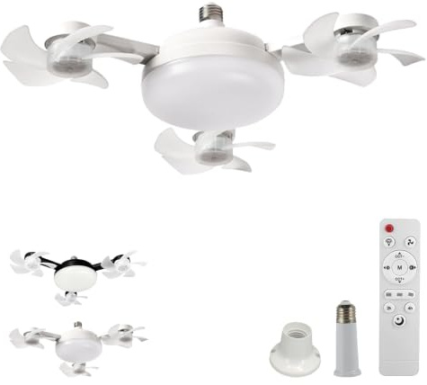 E27-Fassung LED Lampe Mit Ventilator,E27 Socket Ceiling Fan With Lights,Dimmable Led Light Bulb Fan With Rc & Extension Rod,2-in-1-Hängeventilator für Schlafzimmer, Küche und Arbeitsbereich，Weiß
