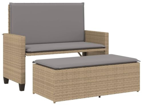Fecpoo Gartenbank mit Hocker Beige 122x55x97 cm PE-Rattan | 2-in-1-Sofa/Bett, UV-beständig, 110 kg/Sitz, witterungsbeständig, platzsparender Hocker