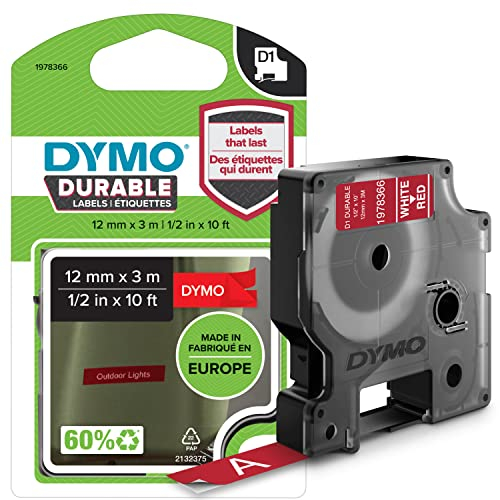 DYMO Original D1 Hochleistungs-Etikettenband | weiß auf rot | 12 mm x 3 m | permanent haftendes Vinyl-Schriftband | für LabelManager-Beschriftungsgerät