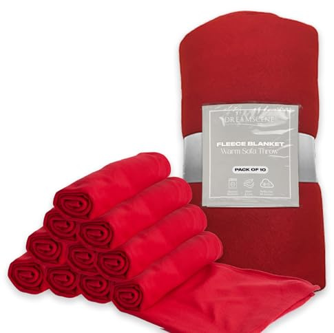 Dreamscene 10 x Plain Fleece Blankets Wholesale, Soft Cosy Warm Throws for Sofas Bed Couch Settee Blanket Multipack Joblot Travel Garden Blanket Single Bed Throw, Red - 120 x 150cm