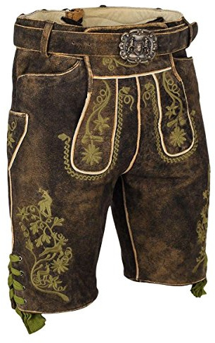 Almsach Herren Kurze Herren-Lederhose braun mit Gürtel grün Bestickt, 806-GF50-BRAUN/GRÜN (braun), 46