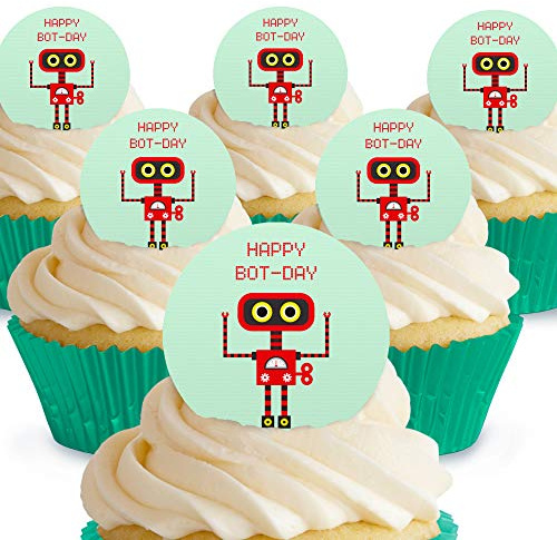 Cakeshop Roter und schwarzer Roboter Happy Bot Day essbare Kuchendekorationen – vorgeschnittene Premium-Qualität Cake Shop 12 x Pre-cut Premium Wafer Paper Toppers