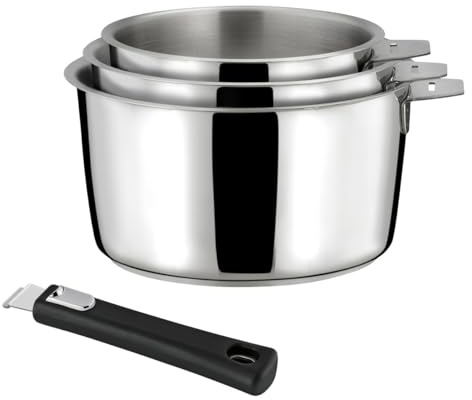 CUISINOX - Malice - 3 casseroles 16/18/20 cm (1.5L, 2L, 3L) tout inox avec poignée noire - Fond sandwich - Compatible tous feux - Acier Inoxydable 18/10 - Finition brillant - Poignée Amovible