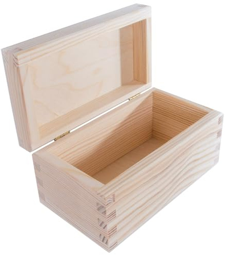 WooDeeDoo Small Wooden Box with Hinged Lid – 16 x 9 x 8 cm – Rectangular Unpainted Pine Craft Storage for Trinkets Jewellery Keepsakes Gifts Personalised Memory Case