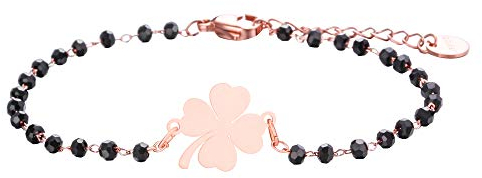 PengJin Bracelet porte-bonheur trèfle à quatre feuilles, acier inoxydable, avec perles noires, bracelet porte-bonheur simple