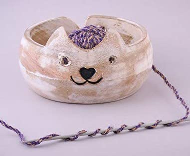 Valentines Day Gifts for Women Cat Design Wooden Knit Picker Yarn Bowl 7X3 Holder Bowls for Knitting Crochet Yarn Winder Accessories Thread Bowl with Holes and Supplies Large Size