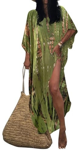 Bsubseach Women Green Print Beach Kaftan Dress Half Sleeve Plus Size Bathing Suit Cover Ups Caftan Dresses