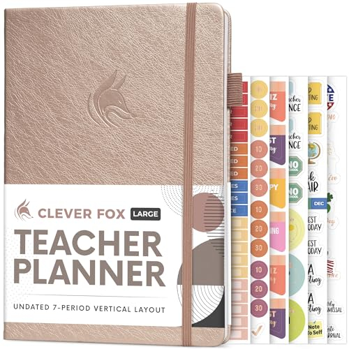 Clever Fox Lehrerplaner, Schuljahresplaner mit Kalendern und Unterrichtsplänen, Lehrerplan-Buch für Klassenzimmer und Heimschule, undatiert, 18 x 25 cm, Hardcover (Roségold)