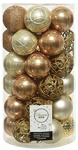 dekorativer bruchfester Kugelmix als 37er Set Weihnachtskugeln Baumkugeln bruchfest für innen und außen Durchmesser 6 cm in verschiedenen Oberflächen und Mustern (Perle Cognac Gold)
