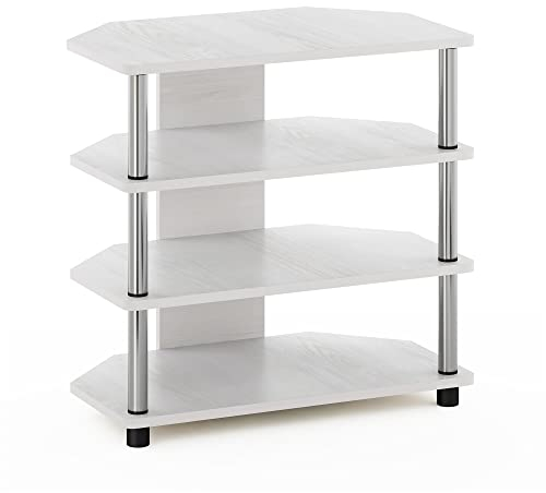Furinno Econ Easy Assembly 4-Tier Petite TV-Ständer, weiße Eiche, Edelstahlrohre