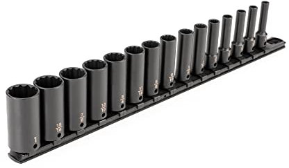 TEKTON 3/8 Inch Drive Deep 12-Point Impact Socket Set with Rail, 15-Piece (1/4-1 in.) | SID91113