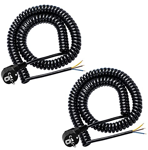KEAGAR Alargador en Espiral (2 unidades, 250V/16A, Cable en Espiral de 3 hilos, Extensible de 0,75 m Hasta 3 m, Cable Alargador con Enchufe de Protección de Contacto, IP20 para Interiores), Negro