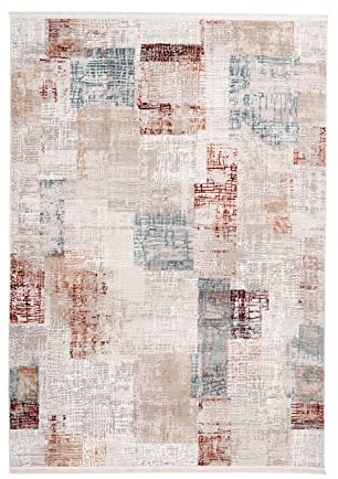 Qiyano Teppich Kurzflor - Vintage mit Karomuster, Used Look, Modern, Pastell - Wohnzimmer, Schlafzimmer, Esszimmer, Büro - Farbe: Beige, Braun, Rot, Türkis, Größe: 200 x 300 cm
