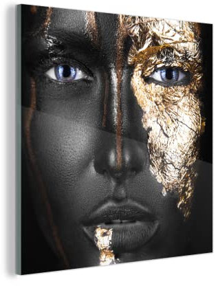 MuchoWow Glasbild Glasfoto Wandbild Bilder Deko 50x50 cm Frau - Blattgold - Schwarz - Gold - Luxus
