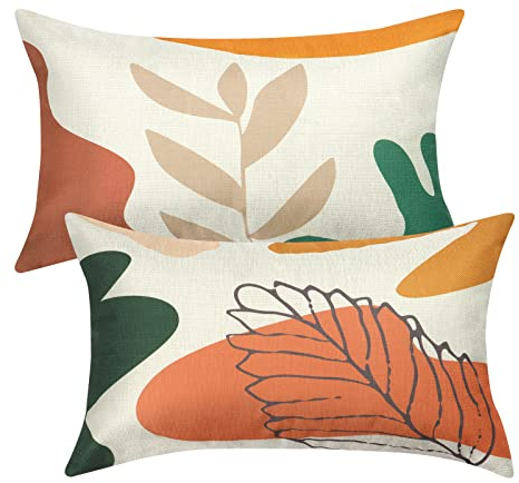 Weldomcor 2er Set Blumen Kissenbezug 30 x 50 cm Baumwolle Leinen Lenden Kissenbezug Frühling Sommer Kissenbezug Dekorative Dekokissen Bauernhaus Dekorationen Kissenbezug für Sofa Couch,Blatt