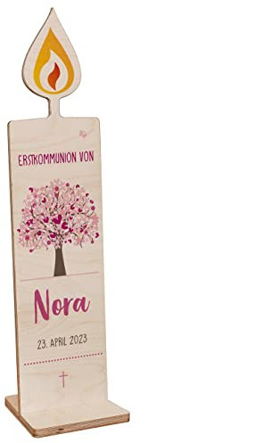 Herz & Heim® Holzaufsteller mit Lebensbaum Motiv, 80 cm,zur Taufe, Kommunion & Co., mit Wunschdaten Rosa