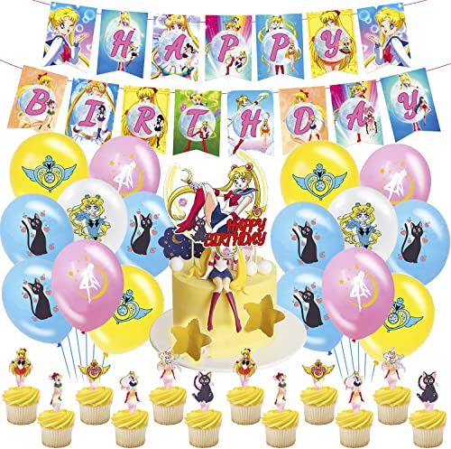 THEXIU Geburtstag Deko 34 pcs, Luftballons, Alles Gute Zum Geburtstag Banner, Kuchen Dekoration, Cupcake, Mottoparty Dekoration, Cartoon-Muster, Farbenfroh