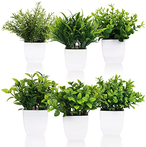 crayfomo 6 Pack Artificial Plants in Pots Small Fake Plant Flowerpot, Faux Plants Indoor with Plastic Pot for Home Office Desk Table Decoration