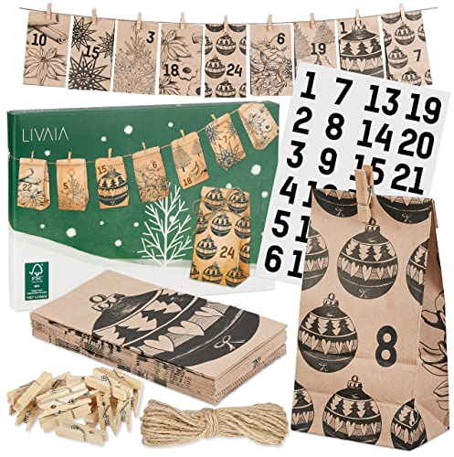 LIVAIA Adventskalender zum Befüllen 2025 - Adventskalender Tüten Set mit 24 Papiertüten, Holzklammern, Aufklebern, Jute Schnur - Weihnachts Adventskalender Basteln - Braun mit Schwarzen Motiven
