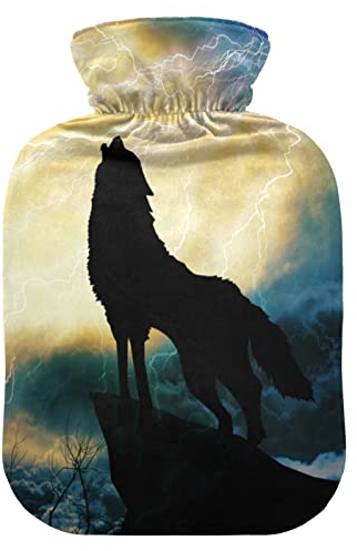 YOUJUNER Wärmflasche mit Fantasy-Wolf-Mond Bezug, Groß 1 Liter Heißwasserbeutel Heißwasserbeutel Bettflasche