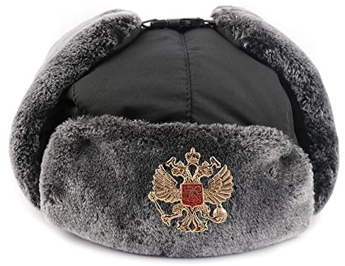 GFM® Ushanka Herren-Bombermütze aus Kunstfell, russischer Winter, Trapper (Ush-SOFTCTN), Anstecker mit Adlermotiv, One size