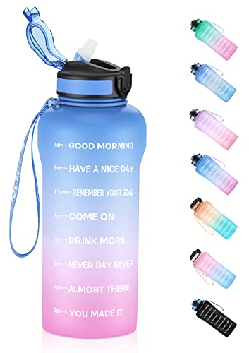 ETDW Wasserflasche mit Zeitmarkierung [BPA-frei Tritan], 2L Trinkflaschen mit Strohhalm, 2 Liter auslaufsichere Sportwasserflaschen für Fitness Gym Camping Yoga Reisen Büro BLAU PINK