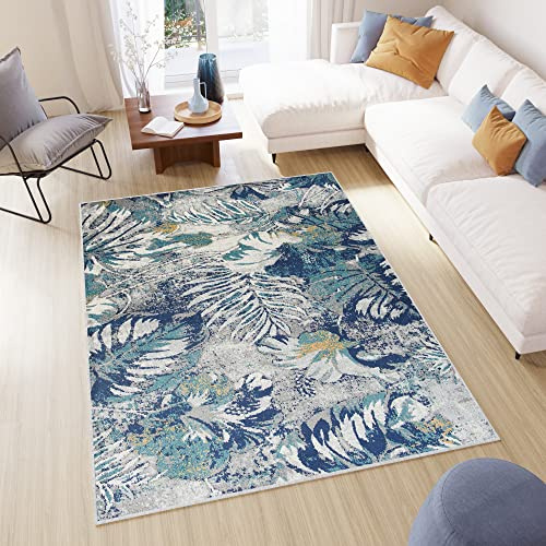 TAPISO Denver Teppich Kurzflor Blau Grau Gelb Blätter Pflanzen Exotisch Schlafzimmer Wohnzimmer Büro Modern Design ÖKOTEX 180 x 250 cm
