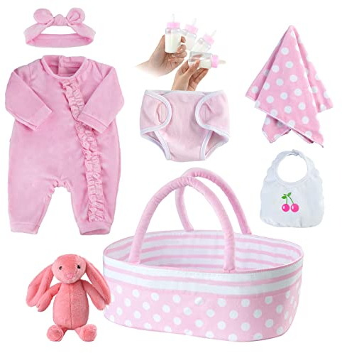 BABESIDE 8 Pieces Reborn-baby Doll Clothes 17-22 In with Bassinet Doll Clothes Accessories for Newborn Doll Clothes (17-22 In pink doll clothes accessories)