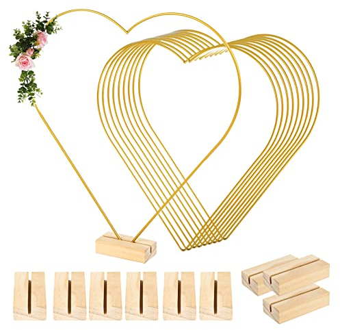 IGTOPS 10 Stück 30cm Herz Metall-Blumenreifen mit 10 Hexagon Holzständer, Metall Kranzring Gold Metall Deko Ringe mit Holzständer, für DIY Hochzeits Tischkranz Dekoration und Makramee Handwerk (Herz)