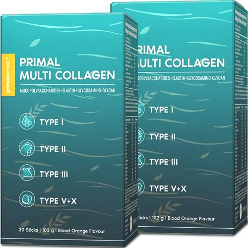Primal Harvest ® Multi Collagen Sticks Kollagenpeptid-Getränkemix mit den Typen I, II, III, IV und X, in praktischen Nahrungsergänzungsmittelpackungen, Blutorange (Blut Orange 2 Pack)