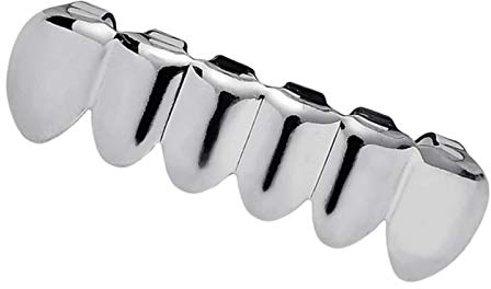 Paowsietiviity Grills Hip Hop Upper Lower 6 Teeth Caps Halloween Cosplay Silver Bottom, 5x1.3cm 4x1.1cm, Kunststoff