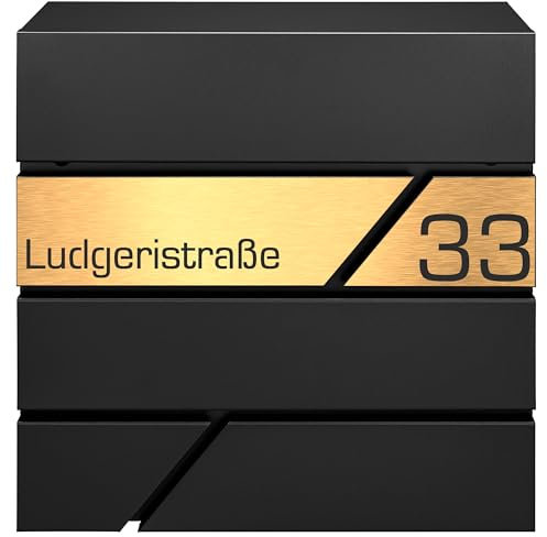 MTEC Design Schwarz Briefkasten mit Hausnummer & Ihre Namen Gravur Personalisiert, Wandbriefkasten mit Extra Zeitungsfach, Briefkasten Groß, Golden, (Gold 3)