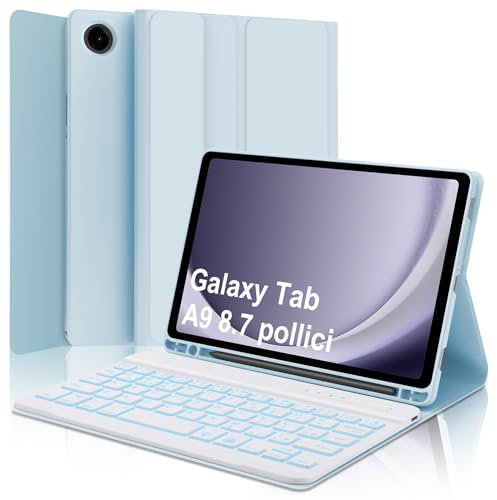 WINCHKING Clavier pour Samsung Galaxy Tab A9 8.7, coque Galaxy Tab A9 avec clavier, italien Bluetooth amovible rétro-éclairé Keyboard pour Samsung tablette a9 2023 8,7 pouces, bleu clair