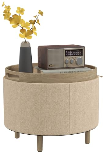 HOMCOM Pouf Rond Repose-Pieds Tabouret avec Coffre de Rangement, Plateau réversible, Meuble 3 en 1, revêtement en Lin, Pied en Bois Massif, Beige