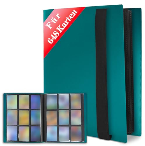 JUSONEY Sammelkarten Album, 648 Pockets Sammelalbum 36 Seiten Pro 9 Pocket mit wasserdichte Türkis Buchdeckel Perfekt zum Sammeln von Karten für MTG Magic Match Atta(Türkis)