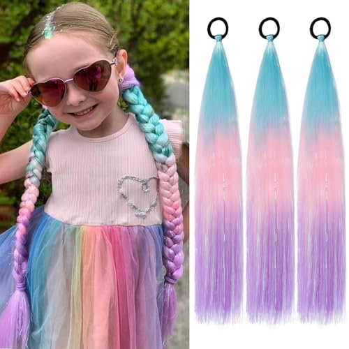 PORSMEER 3 Stück Lang Blau/Rosa/Violett Haar Lametta zopf extension mädchen und Frauen,60 cm Glattes Pferdeschwanz Haarteil Synthetik Haarverlängerung Zopf