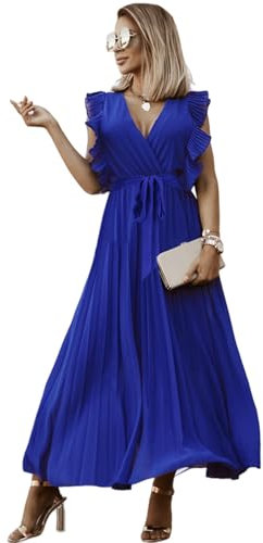 HEYPORK Damen Frühling Sommer Kleider Bequem Lässig Kleid Mode Elegant Röcke Frauen Temperament Langes Kleid Geraffte Ärmel Chiffon Faltenrock Feste Farbe Kleider(Blau, M)